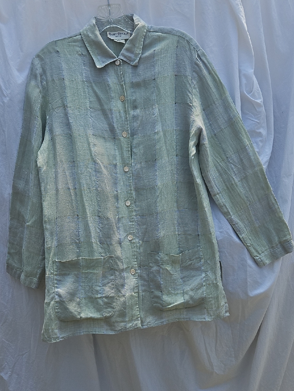 Men Listed Hong Kong Linen Mint Green W/blue  Button-Front Pocket Detail